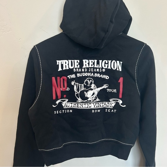Women’s True Religion Shruken Zip Up Hoodie Big T, Black, Medium - Picture 9 of 10
